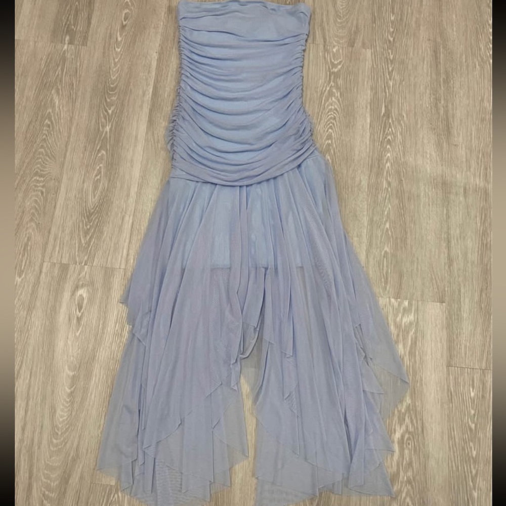strapless blue dress